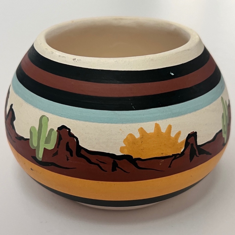 Vintage Southwestern Hand Painted Ceramic Seed Pot Desert Landscape Cactus 236